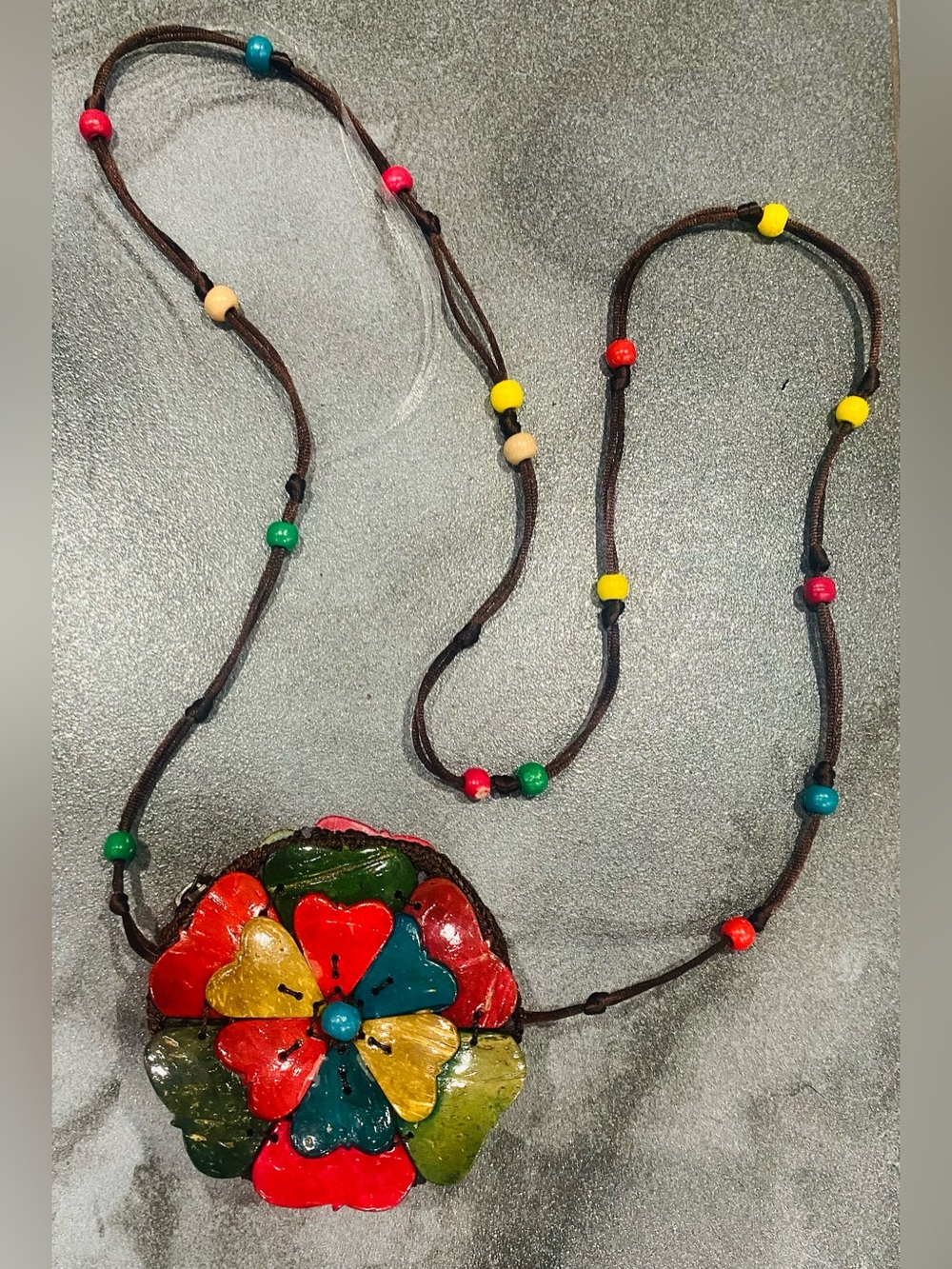 Vintage Handmade Coconut Shell Floral Coin Purse Necklace Woven